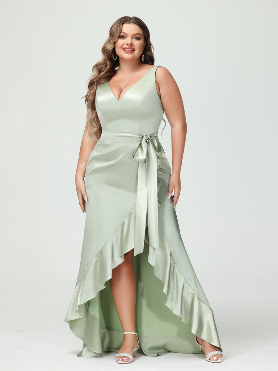 Sheath/Column V-Neck Sleeveless Ruffles High Low Plus Size Dresses with Pockets & Sash - 이미지 7