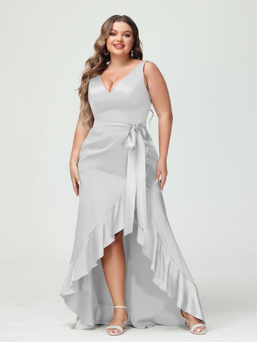 Sheath/Column V-Neck Sleeveless Ruffles High Low Plus Size Dresses with Pockets & Sash - 이미지 17