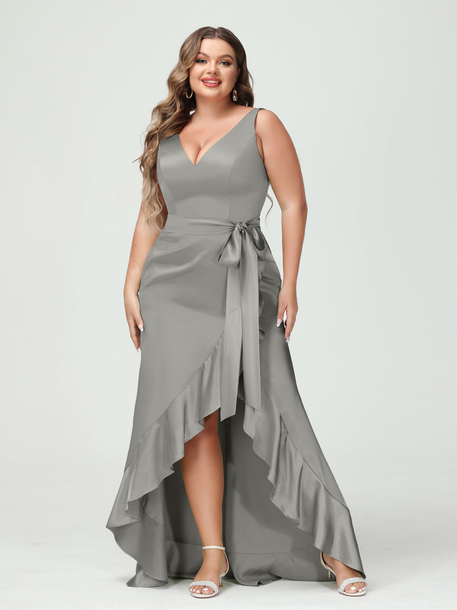 Sheath/Column V-Neck Sleeveless Ruffles High Low Plus Size Dresses with Pockets & Sash - 이미지 56