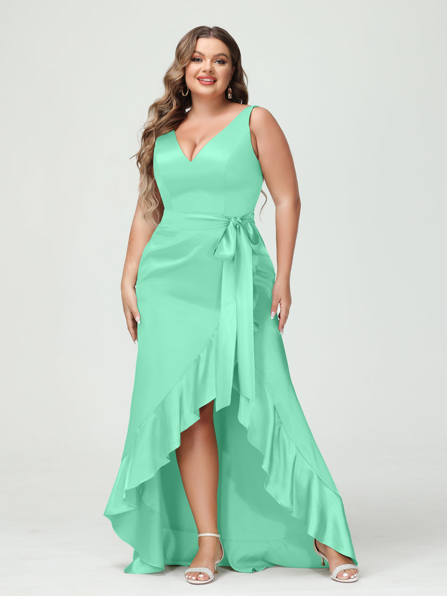 Sheath/Column V-Neck Sleeveless Ruffles High Low Plus Size Dresses with Pockets & Sash - 이미지 47