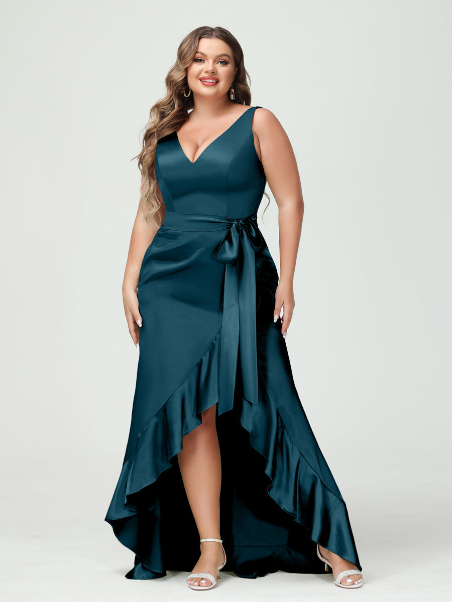 Sheath/Column V-Neck Sleeveless Ruffles High Low Plus Size Dresses with Pockets & Sash - 이미지 44