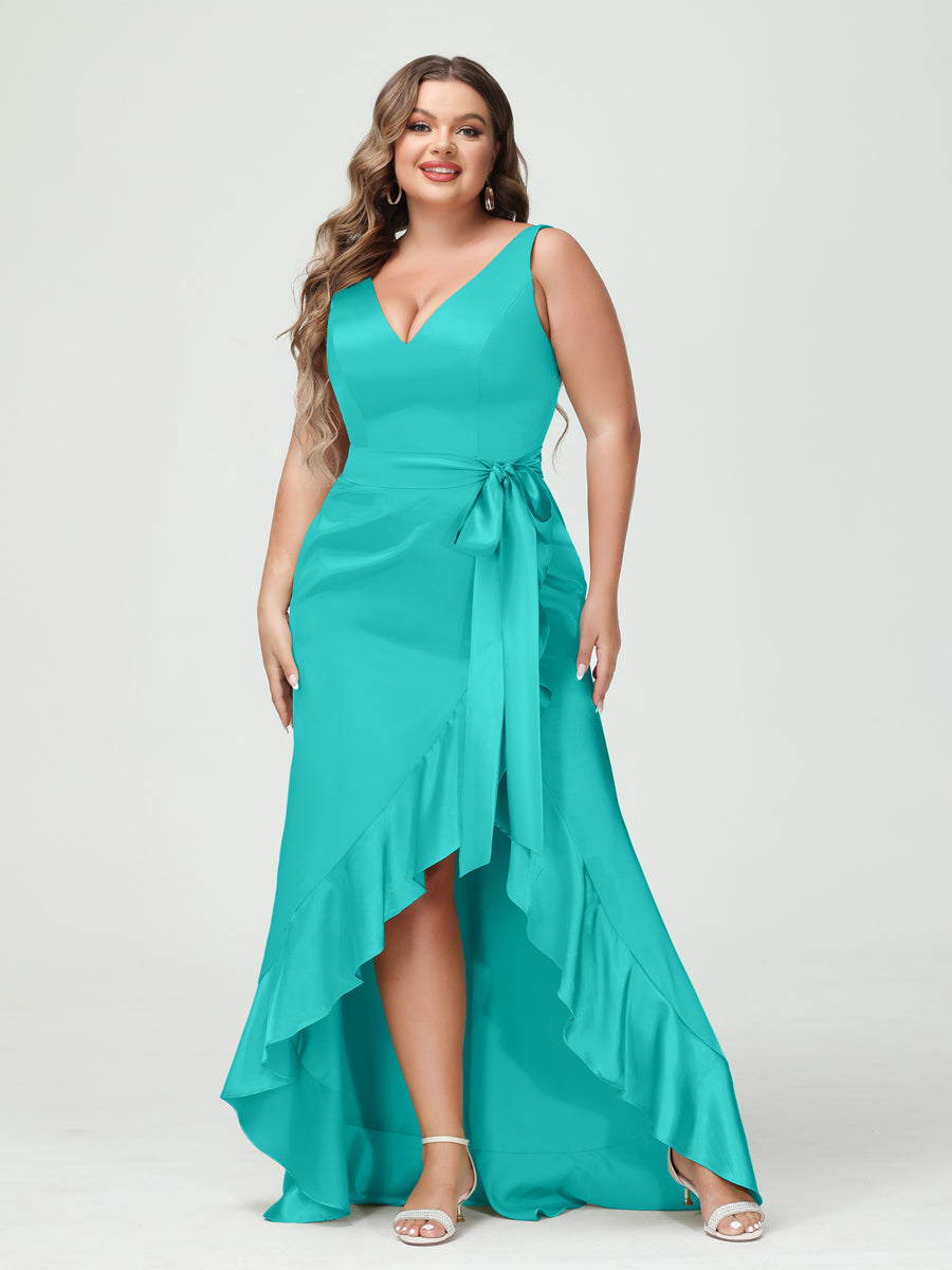 Sheath/Column V-Neck Sleeveless Ruffles High Low Plus Size Dresses with Pockets & Sash - 이미지 48