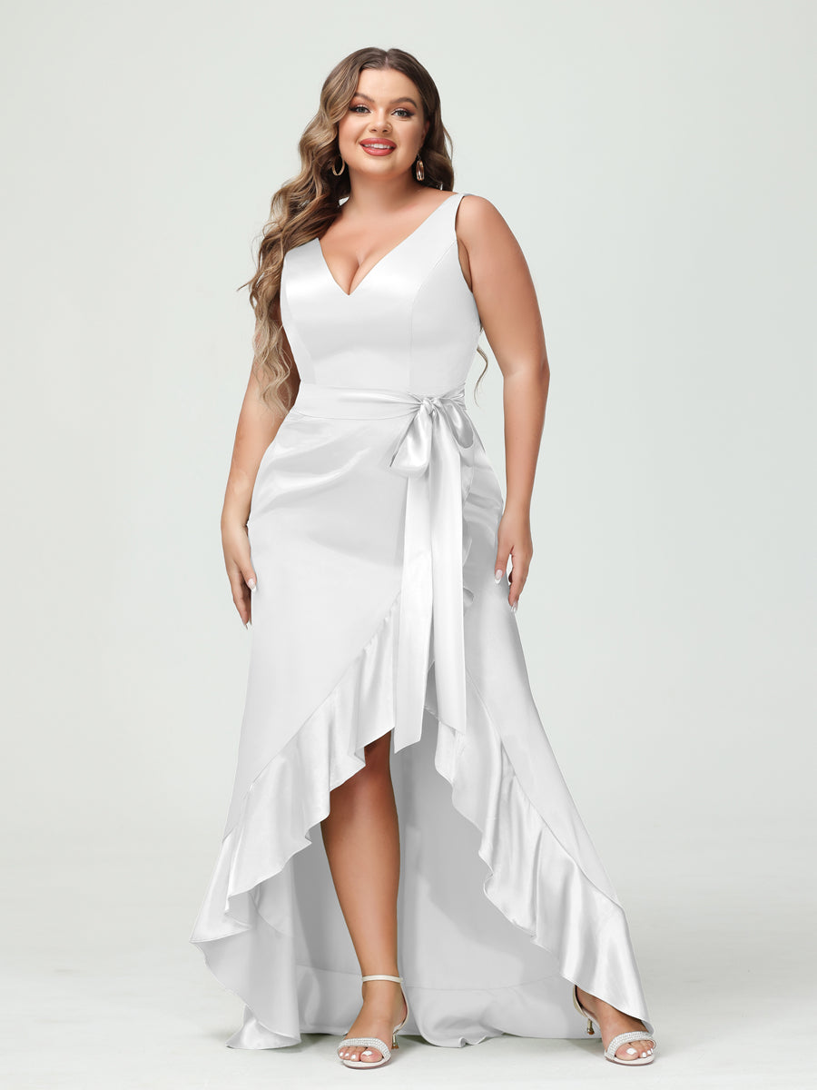 Sheath/Column V-Neck Sleeveless Ruffles High Low Plus Size Dresses with Pockets & Sash - 이미지 14