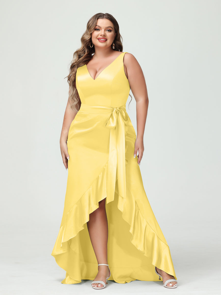 Sheath/Column V-Neck Sleeveless Ruffles High Low Plus Size Dresses with Pockets & Sash - 이미지 52