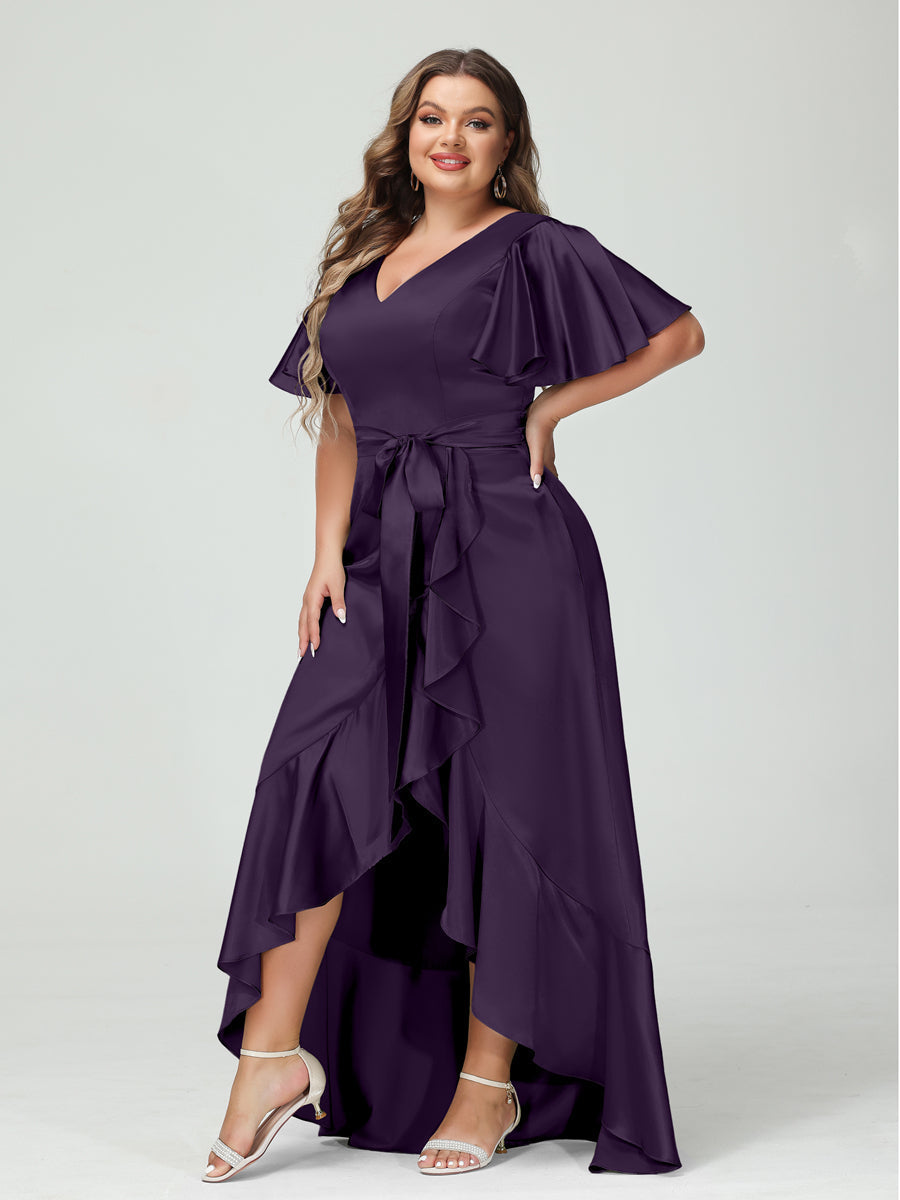 Sheath/Column V-Neck Short Sleeves Ruffles Asymmetrical Plus Size Dresses with Pockets & Sash - Image 35
