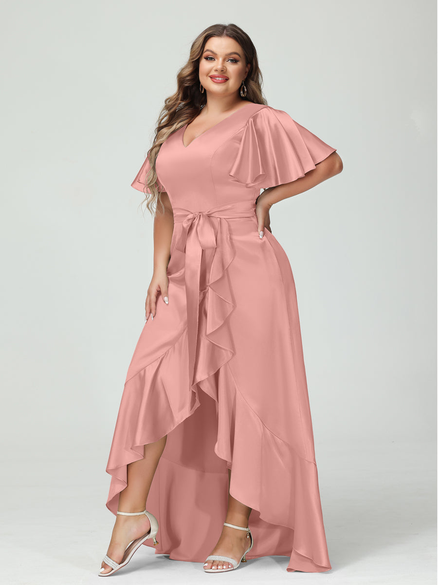 Sheath/Column V-Neck Short Sleeves Ruffles Asymmetrical Plus Size Dresses with Pockets & Sash - Image 26