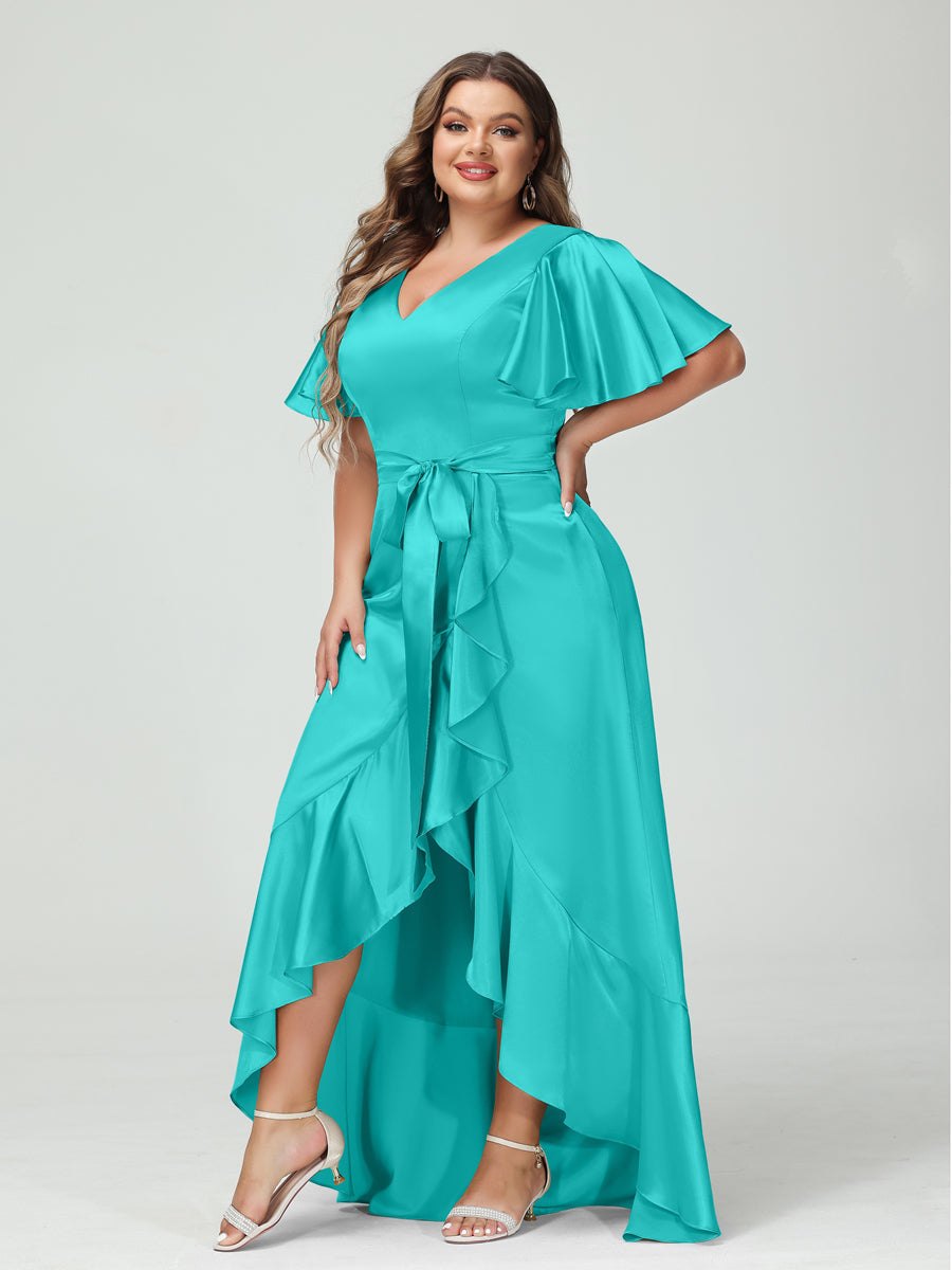 Sheath/Column V-Neck Short Sleeves Ruffles Asymmetrical Plus Size Dresses with Pockets & Sash - Image 48