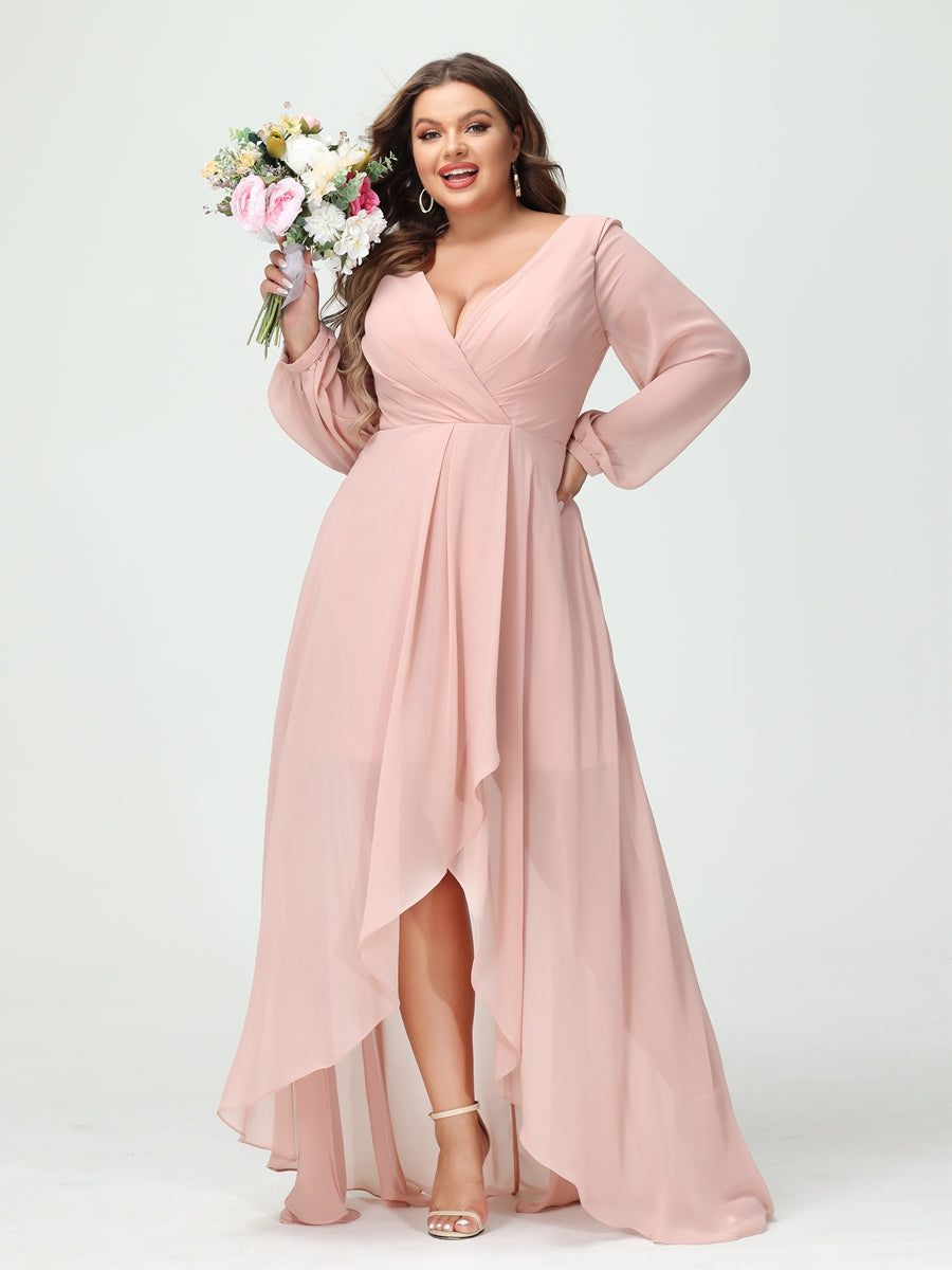 A-Line/Princess V-Neck Long Sleeves Chiffon Ruched Asymmetrical Plus Size Bridesmaid Dresses with Pockets - 画像 (3)