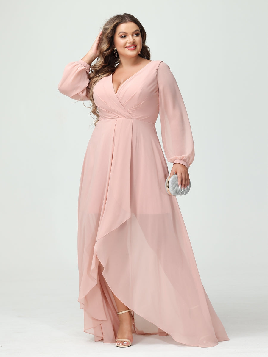 A-Line/Princess V-Neck Long Sleeves Chiffon Ruched Asymmetrical Plus Size Bridesmaid Dresses with Pockets - 画像 (5)