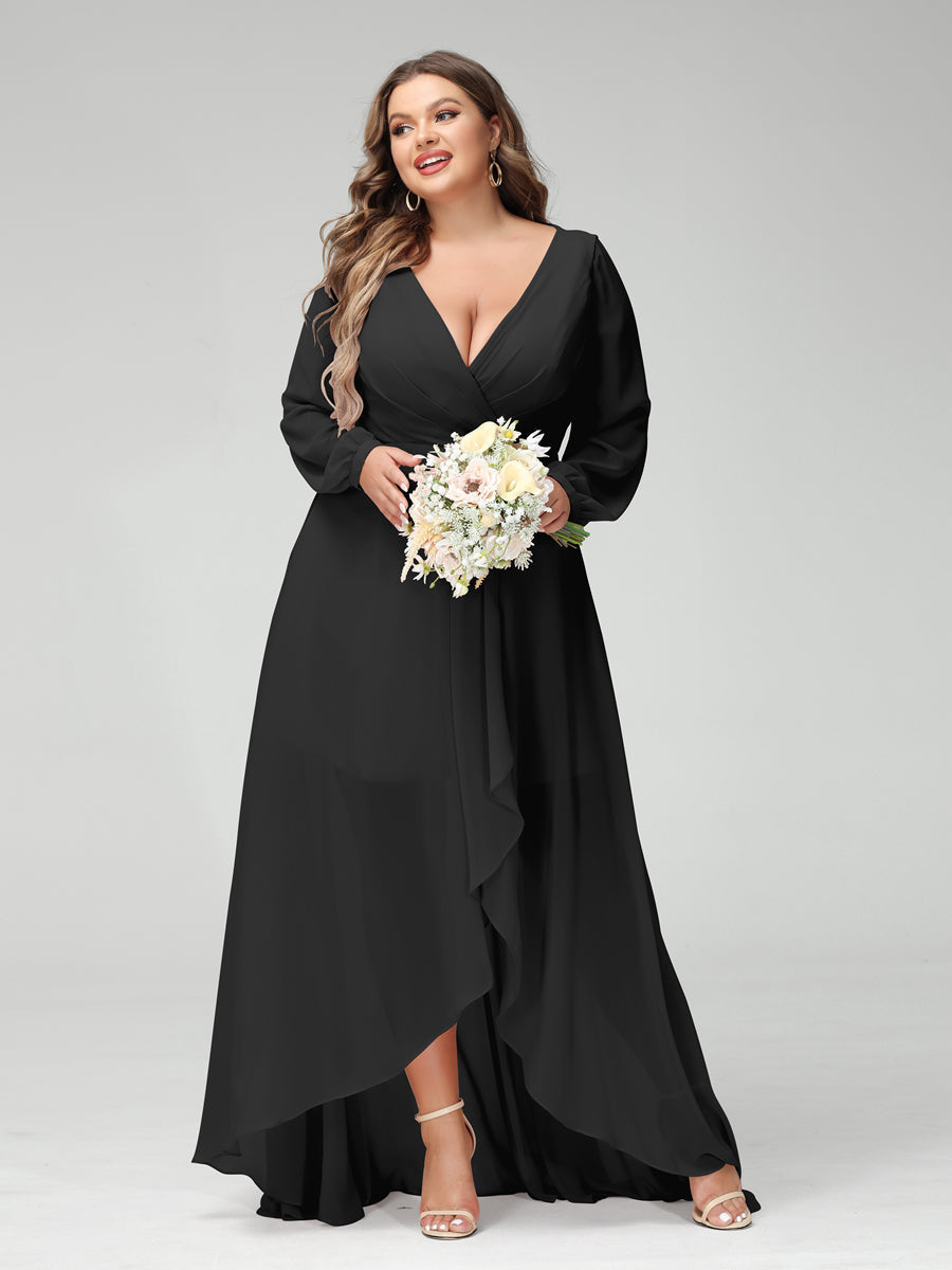 A-Line/Princess V-Neck Long Sleeves Chiffon Ruched Asymmetrical Plus Size Bridesmaid Dresses with Pockets - 画像 (17)