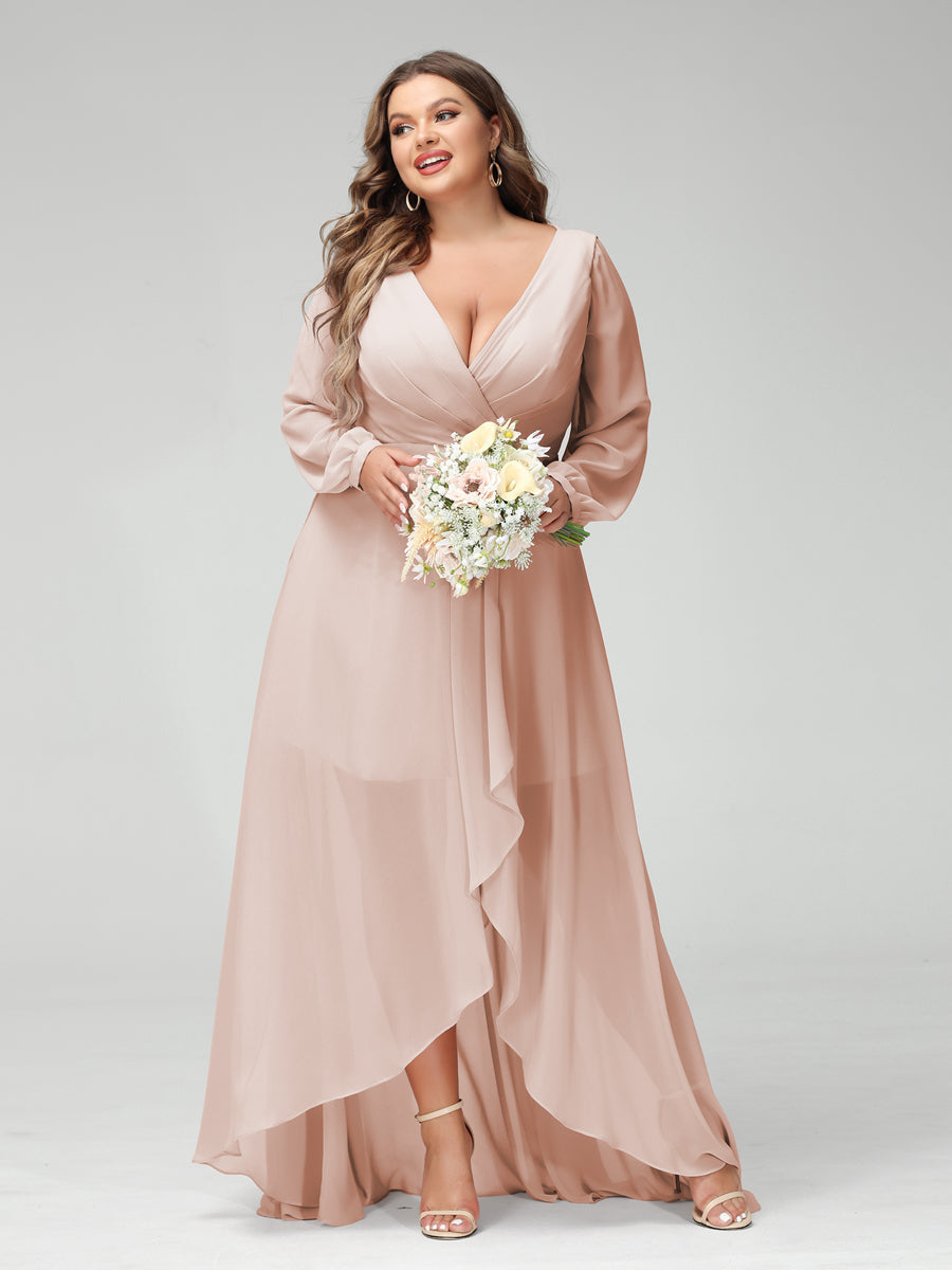 A-Line/Princess V-Neck Long Sleeves Chiffon Ruched Asymmetrical Plus Size Bridesmaid Dresses with Pockets - 画像 (27)