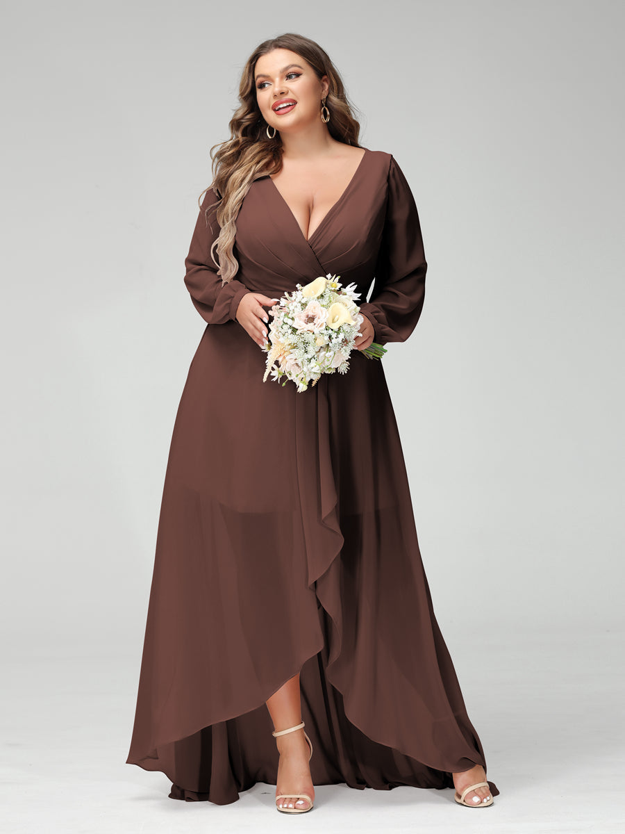 A-Line/Princess V-Neck Long Sleeves Chiffon Ruched Asymmetrical Plus Size Bridesmaid Dresses with Pockets - 画像 (75)