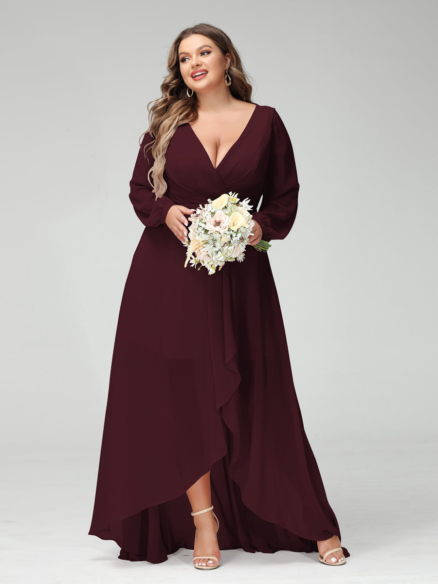 A-Line/Princess V-Neck Long Sleeves Chiffon Ruched Asymmetrical Plus Size Bridesmaid Dresses with Pockets - 画像 (11)
