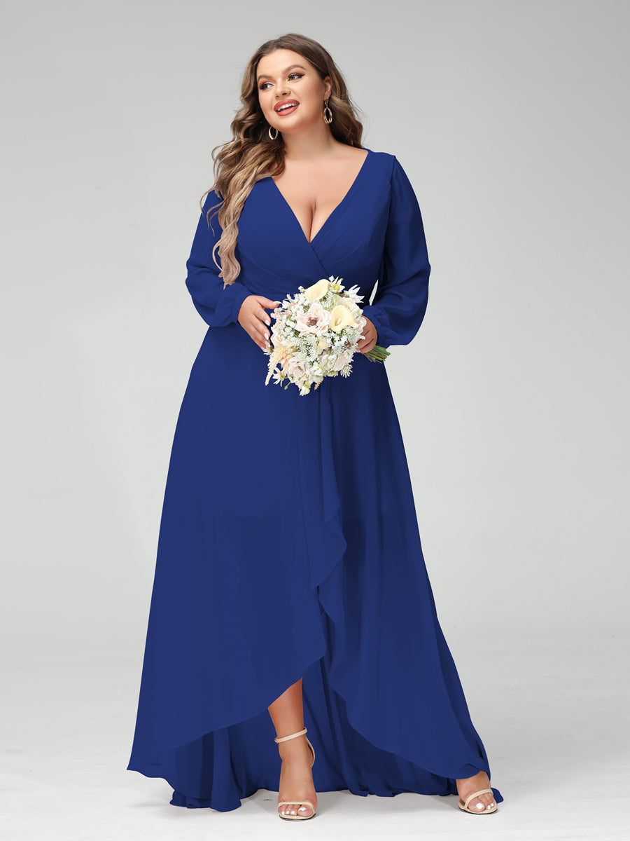 A-Line/Princess V-Neck Long Sleeves Chiffon Ruched Asymmetrical Plus Size Bridesmaid Dresses with Pockets - 画像 (55)