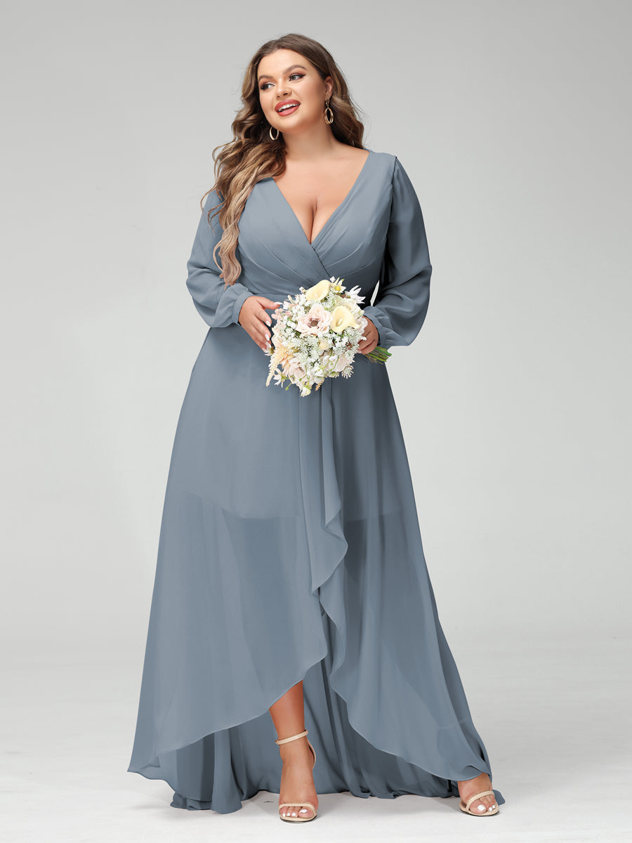 A-Line/Princess V-Neck Long Sleeves Chiffon Ruched Asymmetrical Plus Size Bridesmaid Dresses with Pockets - 画像 (7)