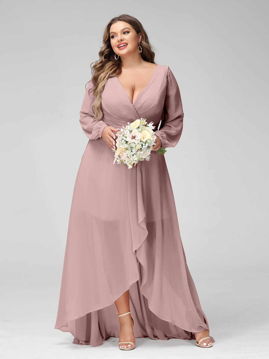 A-Line/Princess V-Neck Long Sleeves Chiffon Ruched Asymmetrical Plus Size Bridesmaid Dresses with Pockets - 画像 (29)