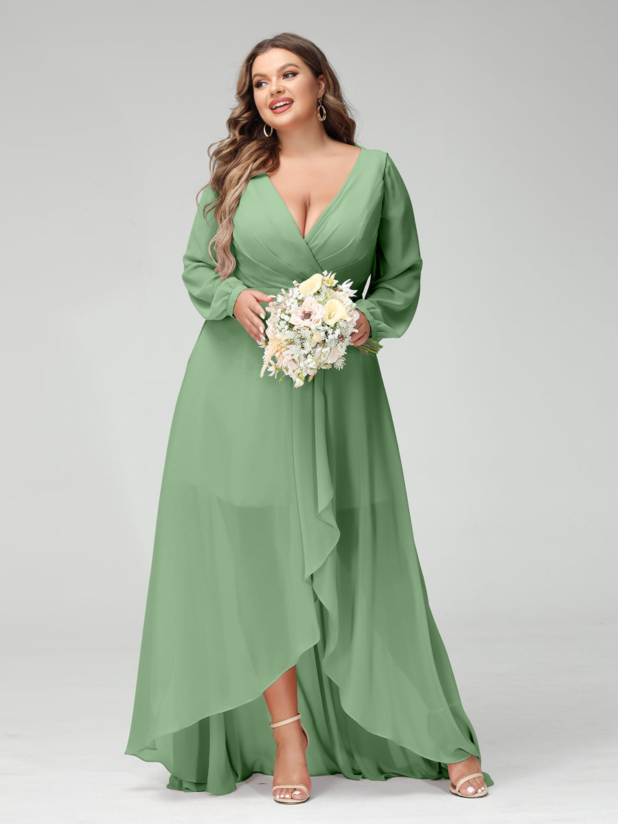 A-Line/Princess V-Neck Long Sleeves Chiffon Ruched Asymmetrical Plus Size Bridesmaid Dresses with Pockets - 画像 (15)