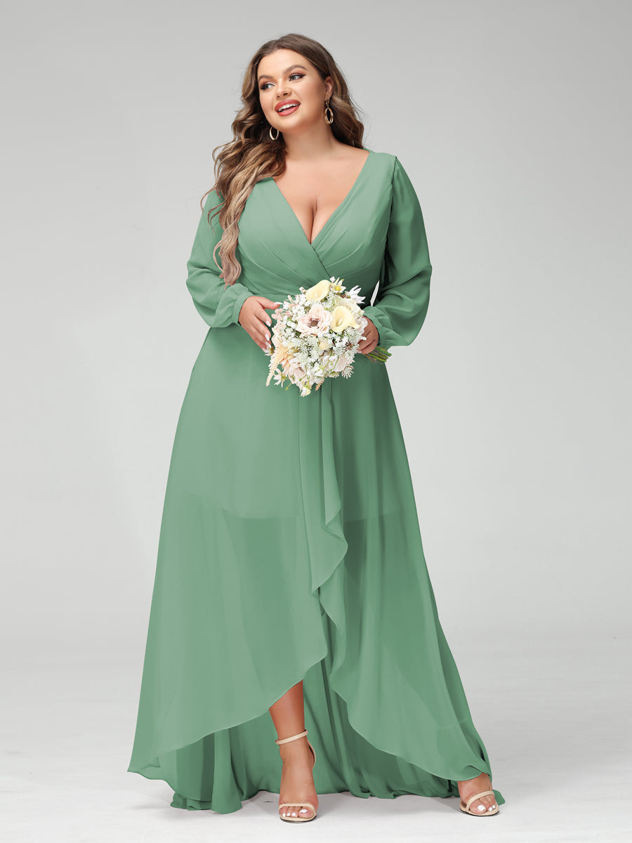 A-Line/Princess V-Neck Long Sleeves Chiffon Ruched Asymmetrical Plus Size Bridesmaid Dresses with Pockets - 画像 (16)