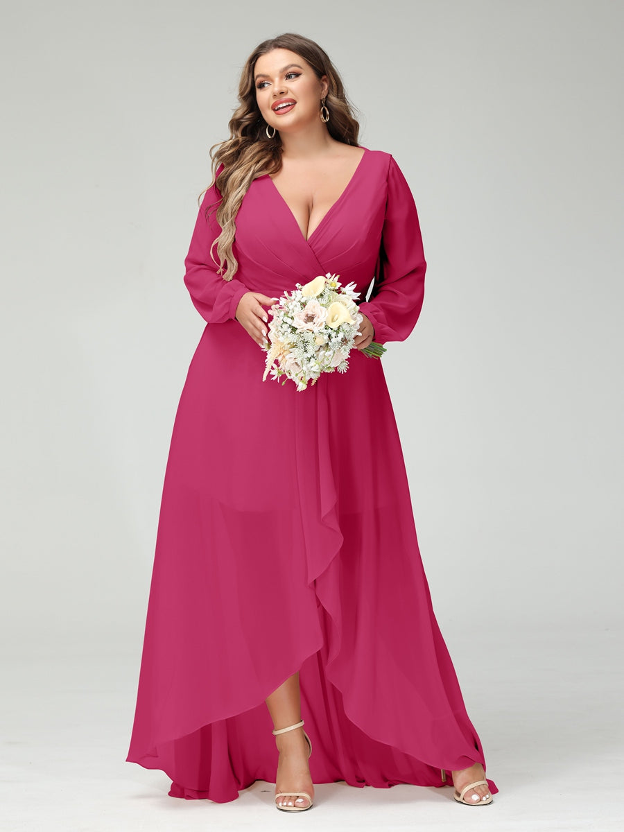 A-Line/Princess V-Neck Long Sleeves Chiffon Ruched Asymmetrical Plus Size Bridesmaid Dresses with Pockets - 画像 (34)