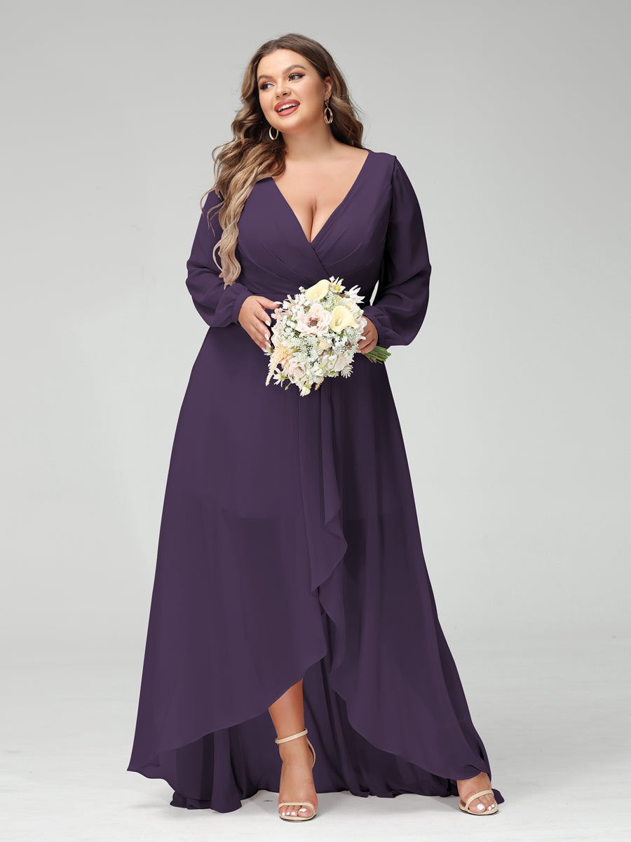 A-Line/Princess V-Neck Long Sleeves Chiffon Ruched Asymmetrical Plus Size Bridesmaid Dresses with Pockets - 画像 (44)