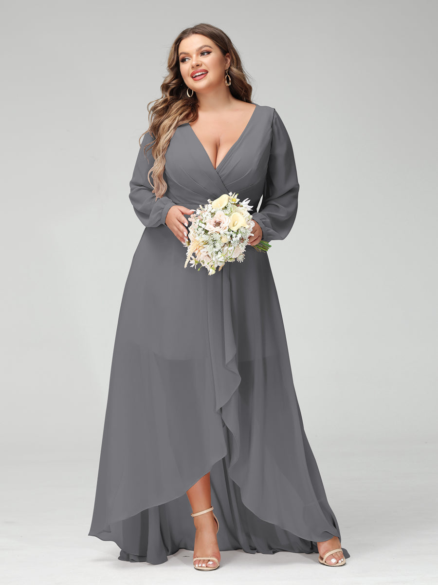 A-Line/Princess V-Neck Long Sleeves Chiffon Ruched Asymmetrical Plus Size Bridesmaid Dresses with Pockets - 画像 (74)