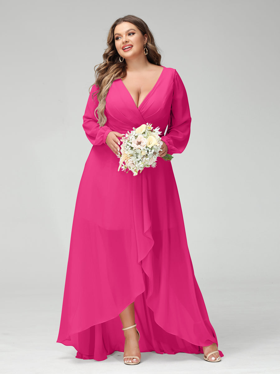 A-Line/Princess V-Neck Long Sleeves Chiffon Ruched Asymmetrical Plus Size Bridesmaid Dresses with Pockets - 画像 (32)