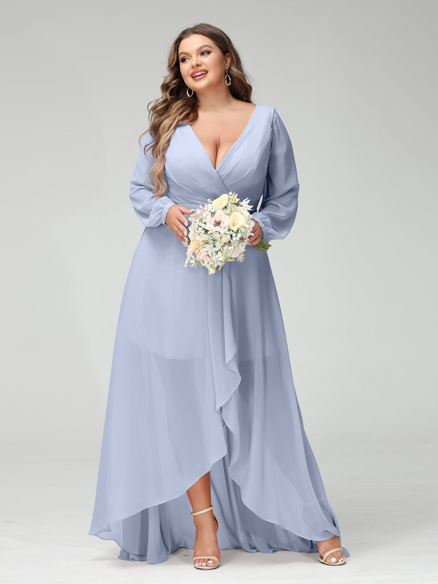 A-Line/Princess V-Neck Long Sleeves Chiffon Ruched Asymmetrical Plus Size Bridesmaid Dresses with Pockets - 画像 (47)