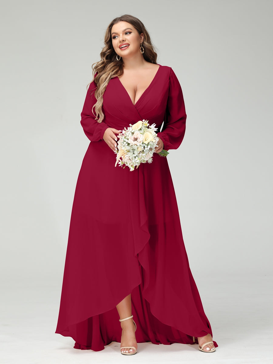 A-Line/Princess V-Neck Long Sleeves Chiffon Ruched Asymmetrical Plus Size Bridesmaid Dresses with Pockets - 画像 (37)