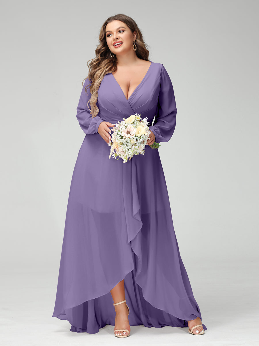 A-Line/Princess V-Neck Long Sleeves Chiffon Ruched Asymmetrical Plus Size Bridesmaid Dresses with Pockets - 画像 (40)