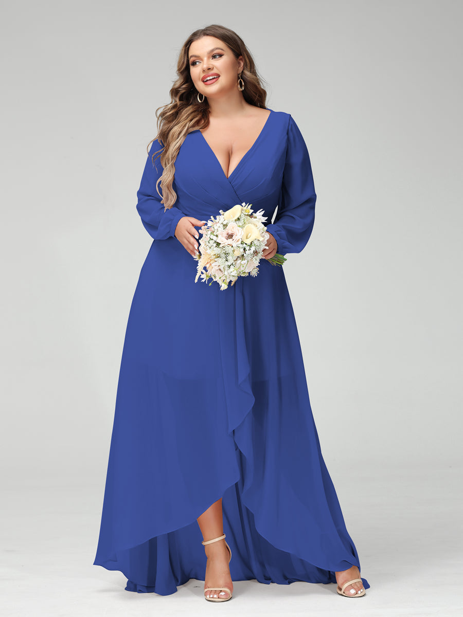 A-Line/Princess V-Neck Long Sleeves Chiffon Ruched Asymmetrical Plus Size Bridesmaid Dresses with Pockets - 画像 (53)