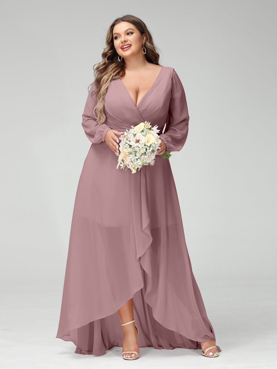 A-Line/Princess V-Neck Long Sleeves Chiffon Ruched Asymmetrical Plus Size Bridesmaid Dresses with Pockets - 画像 (30)
