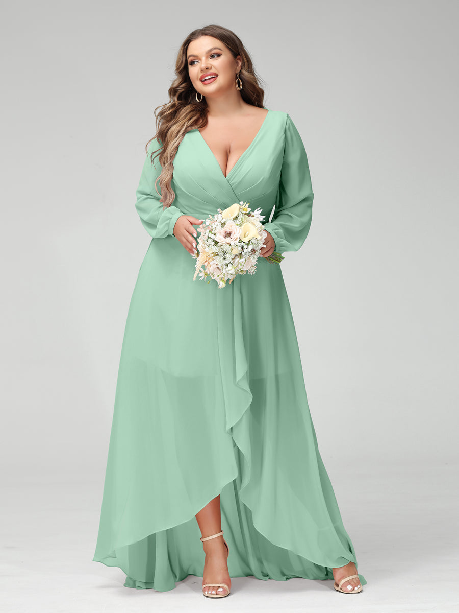 A-Line/Princess V-Neck Long Sleeves Chiffon Ruched Asymmetrical Plus Size Bridesmaid Dresses with Pockets - 画像 (60)