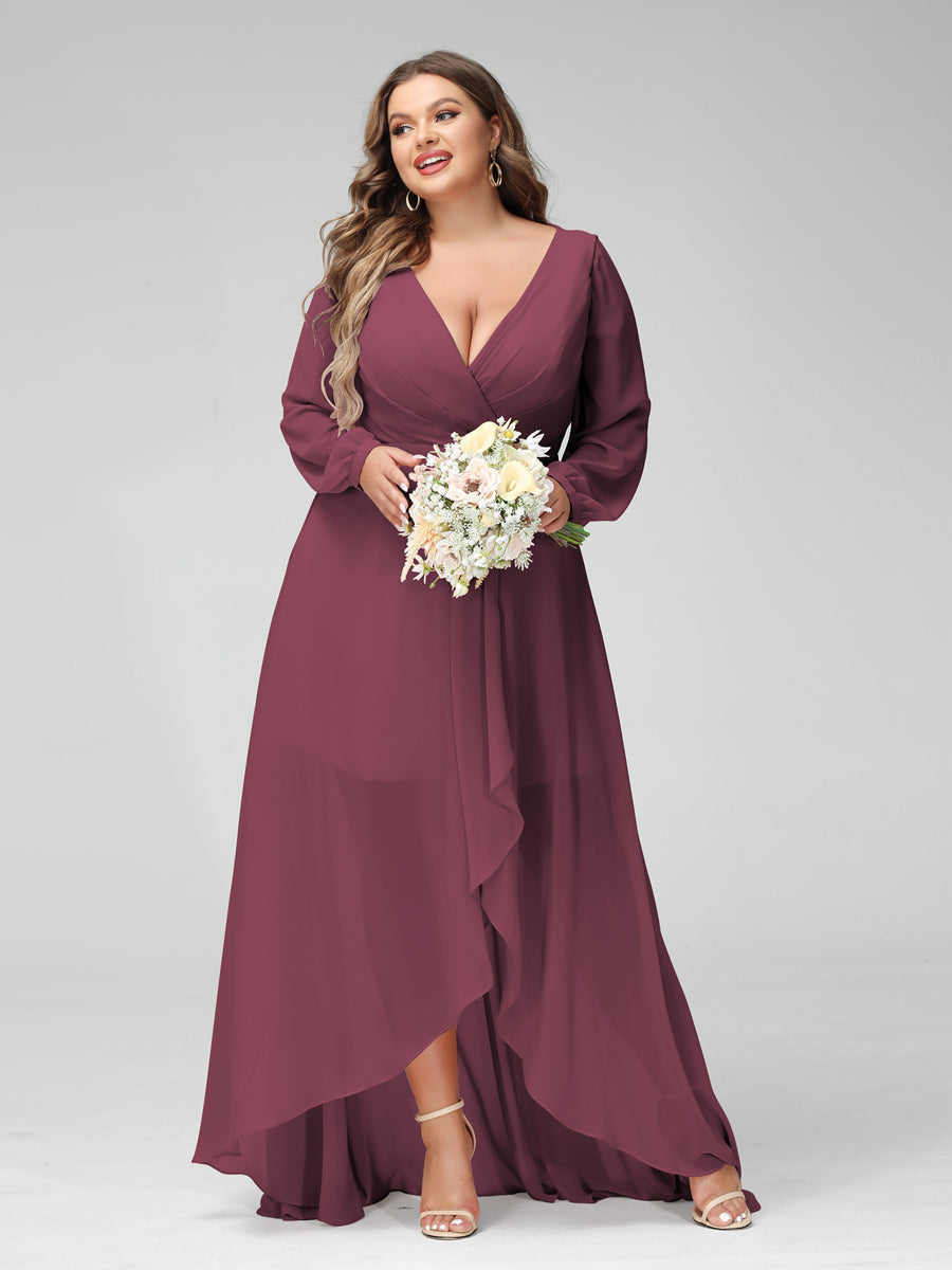 A-Line/Princess V-Neck Long Sleeves Chiffon Ruched Asymmetrical Plus Size Bridesmaid Dresses with Pockets - 画像 (42)