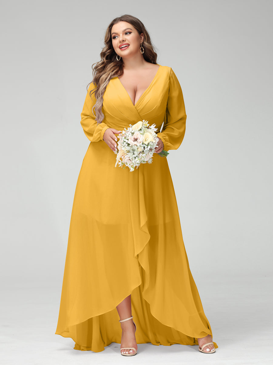 A-Line/Princess V-Neck Long Sleeves Chiffon Ruched Asymmetrical Plus Size Bridesmaid Dresses with Pockets - 画像 (69)
