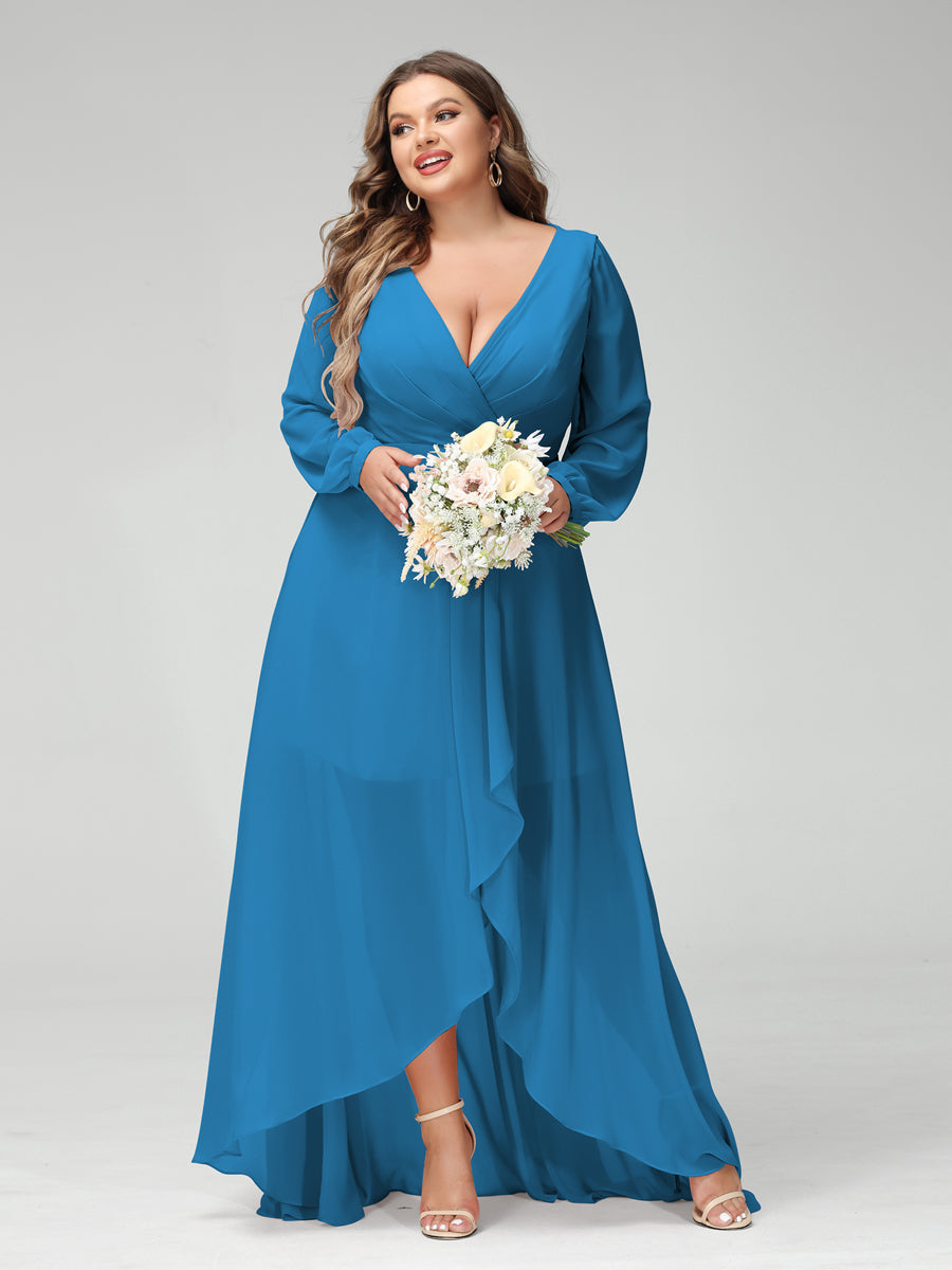 A-Line/Princess V-Neck Long Sleeves Chiffon Ruched Asymmetrical Plus Size Bridesmaid Dresses with Pockets - 画像 (52)