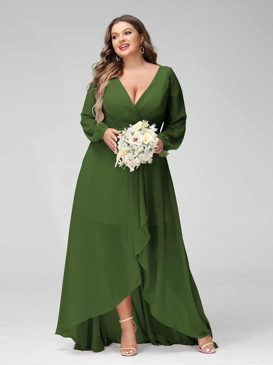 A-Line/Princess V-Neck Long Sleeves Chiffon Ruched Asymmetrical Plus Size Bridesmaid Dresses with Pockets - 画像 (64)
