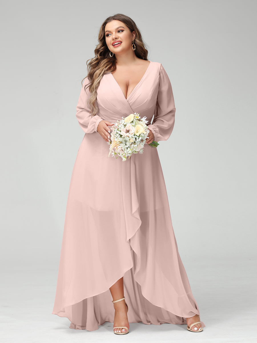 A-Line/Princess V-Neck Long Sleeves Chiffon Ruched Asymmetrical Plus Size Bridesmaid Dresses with Pockets - 画像 (25)