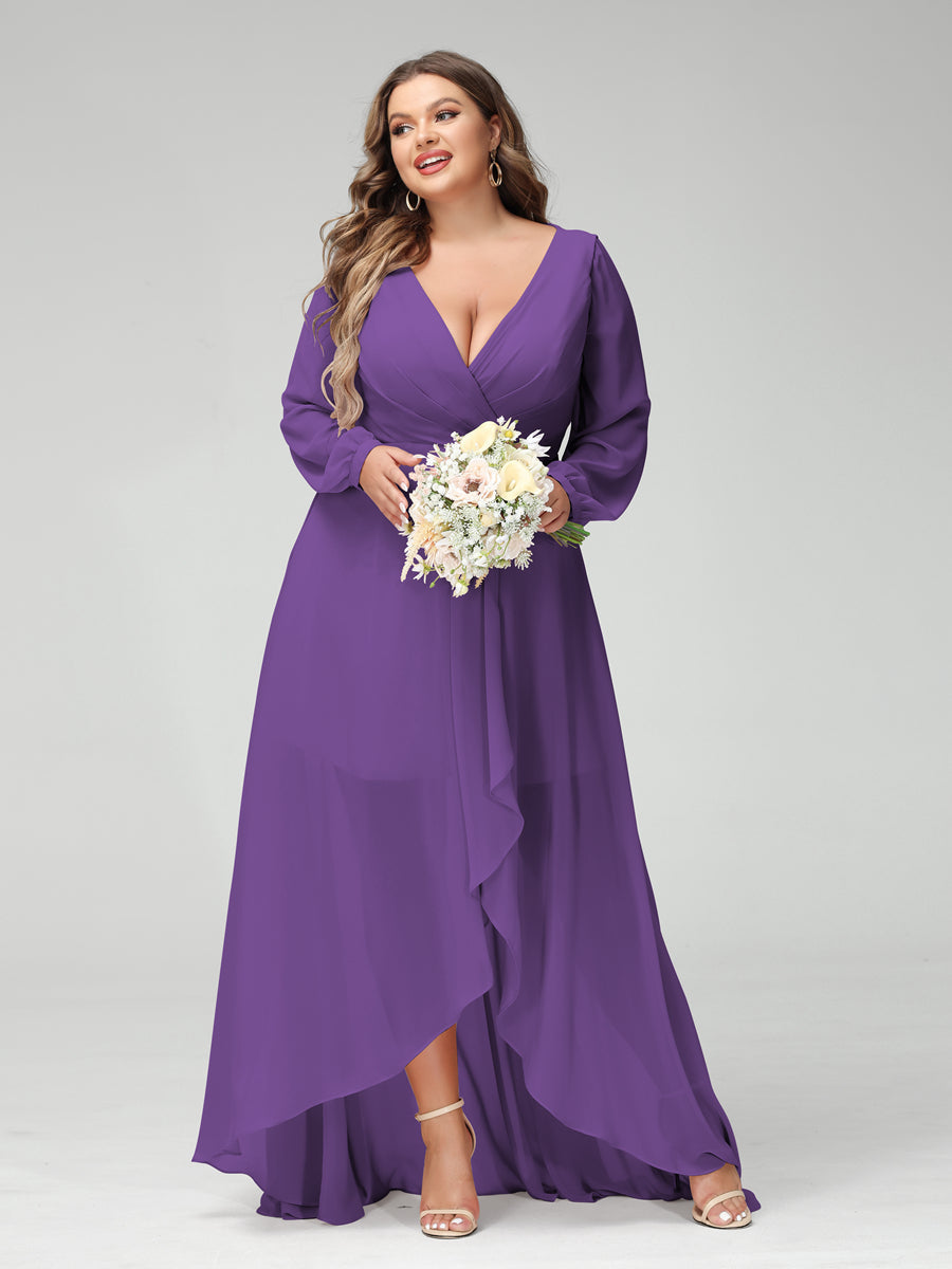 A-Line/Princess V-Neck Long Sleeves Chiffon Ruched Asymmetrical Plus Size Bridesmaid Dresses with Pockets - 画像 (41)