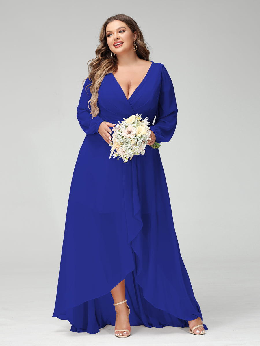 A-Line/Princess V-Neck Long Sleeves Chiffon Ruched Asymmetrical Plus Size Bridesmaid Dresses with Pockets - 画像 (54)