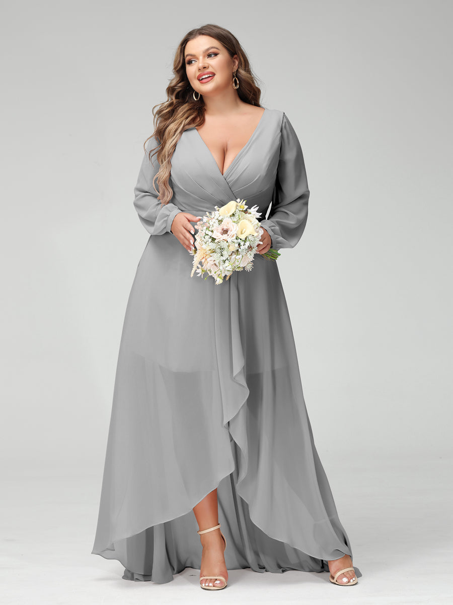 A-Line/Princess V-Neck Long Sleeves Chiffon Ruched Asymmetrical Plus Size Bridesmaid Dresses with Pockets - 画像 (21)