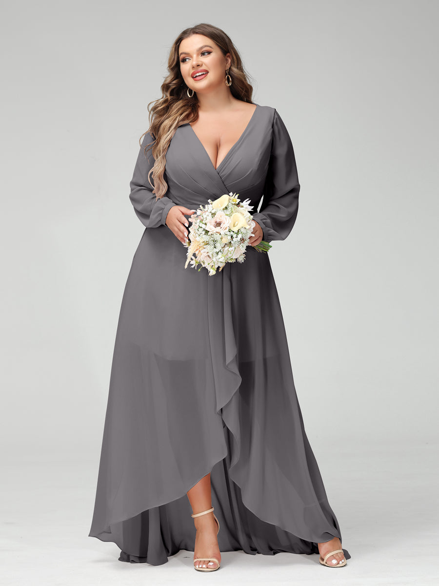 A-Line/Princess V-Neck Long Sleeves Chiffon Ruched Asymmetrical Plus Size Bridesmaid Dresses with Pockets - 画像 (73)