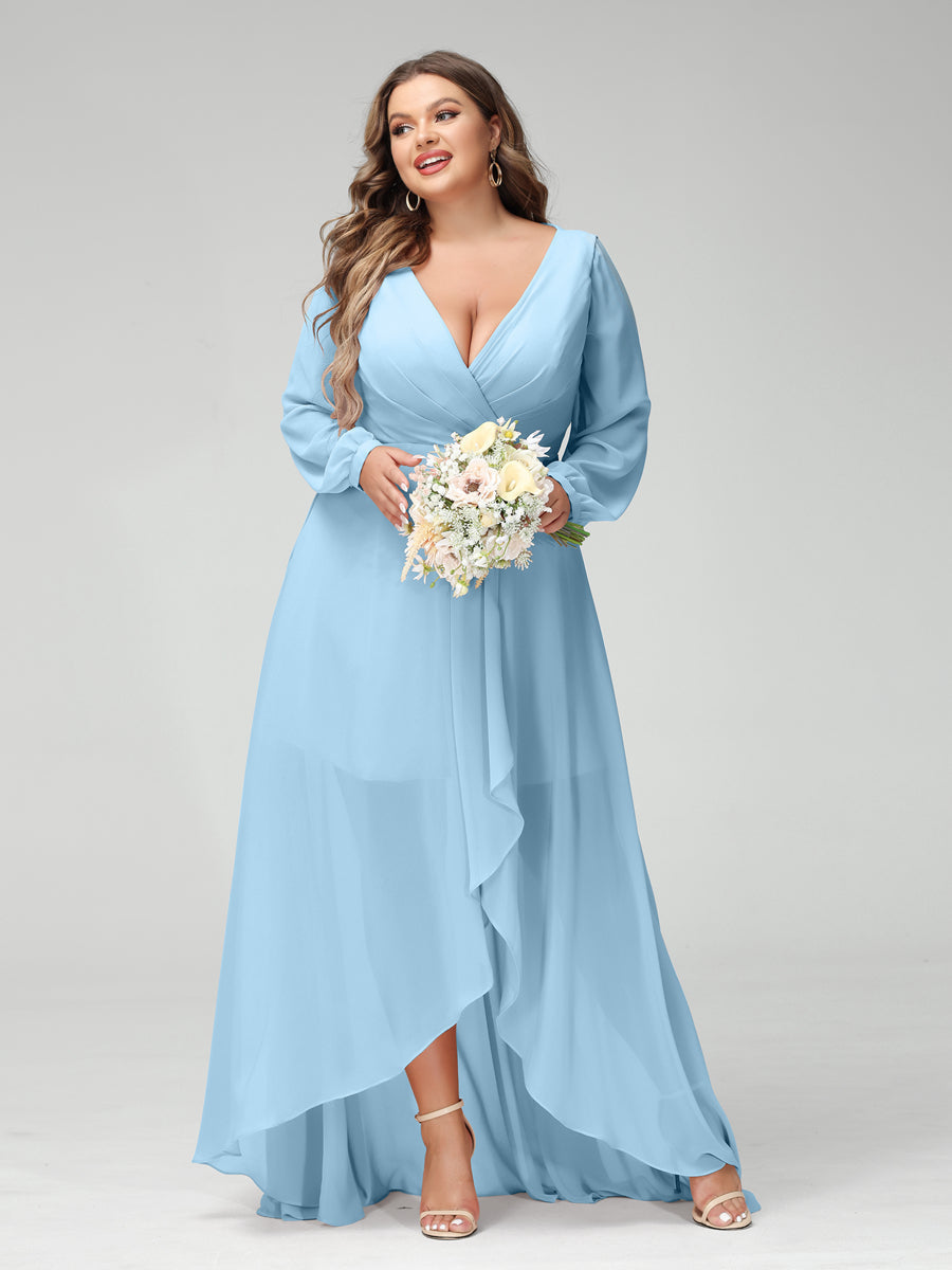 A-Line/Princess V-Neck Long Sleeves Chiffon Ruched Asymmetrical Plus Size Bridesmaid Dresses with Pockets - 画像 (49)