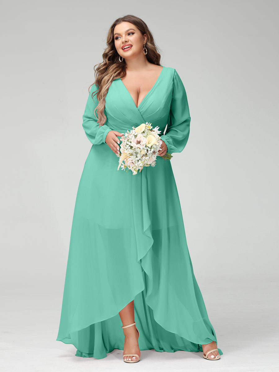 A-Line/Princess V-Neck Long Sleeves Chiffon Ruched Asymmetrical Plus Size Bridesmaid Dresses with Pockets - 画像 (61)
