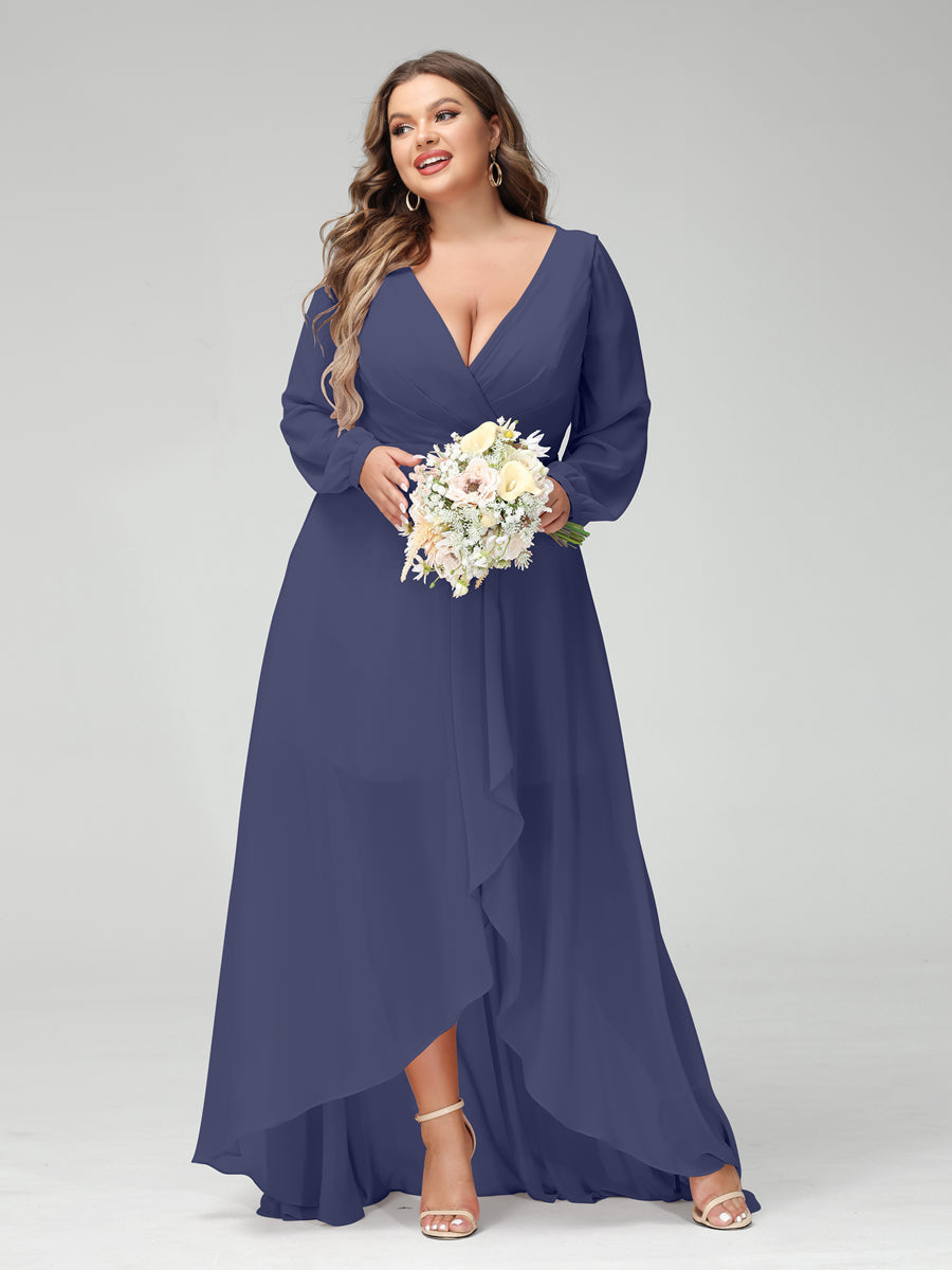 A-Line/Princess V-Neck Long Sleeves Chiffon Ruched Asymmetrical Plus Size Bridesmaid Dresses with Pockets - 画像 (56)