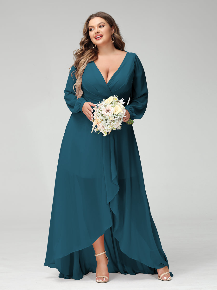A-Line/Princess V-Neck Long Sleeves Chiffon Ruched Asymmetrical Plus Size Bridesmaid Dresses with Pockets - 画像 (57)