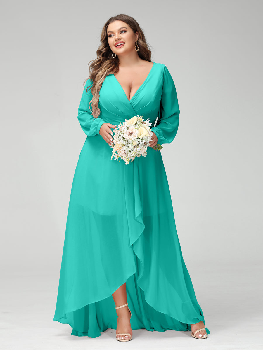 A-Line/Princess V-Neck Long Sleeves Chiffon Ruched Asymmetrical Plus Size Bridesmaid Dresses with Pockets - 画像 (62)