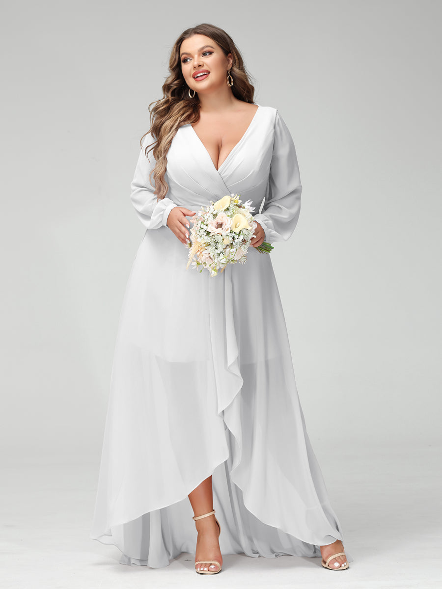 A-Line/Princess V-Neck Long Sleeves Chiffon Ruched Asymmetrical Plus Size Bridesmaid Dresses with Pockets - 画像 (18)