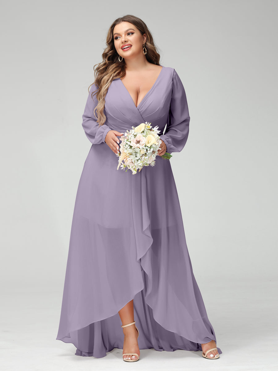 A-Line/Princess V-Neck Long Sleeves Chiffon Ruched Asymmetrical Plus Size Bridesmaid Dresses with Pockets - 画像 (38)