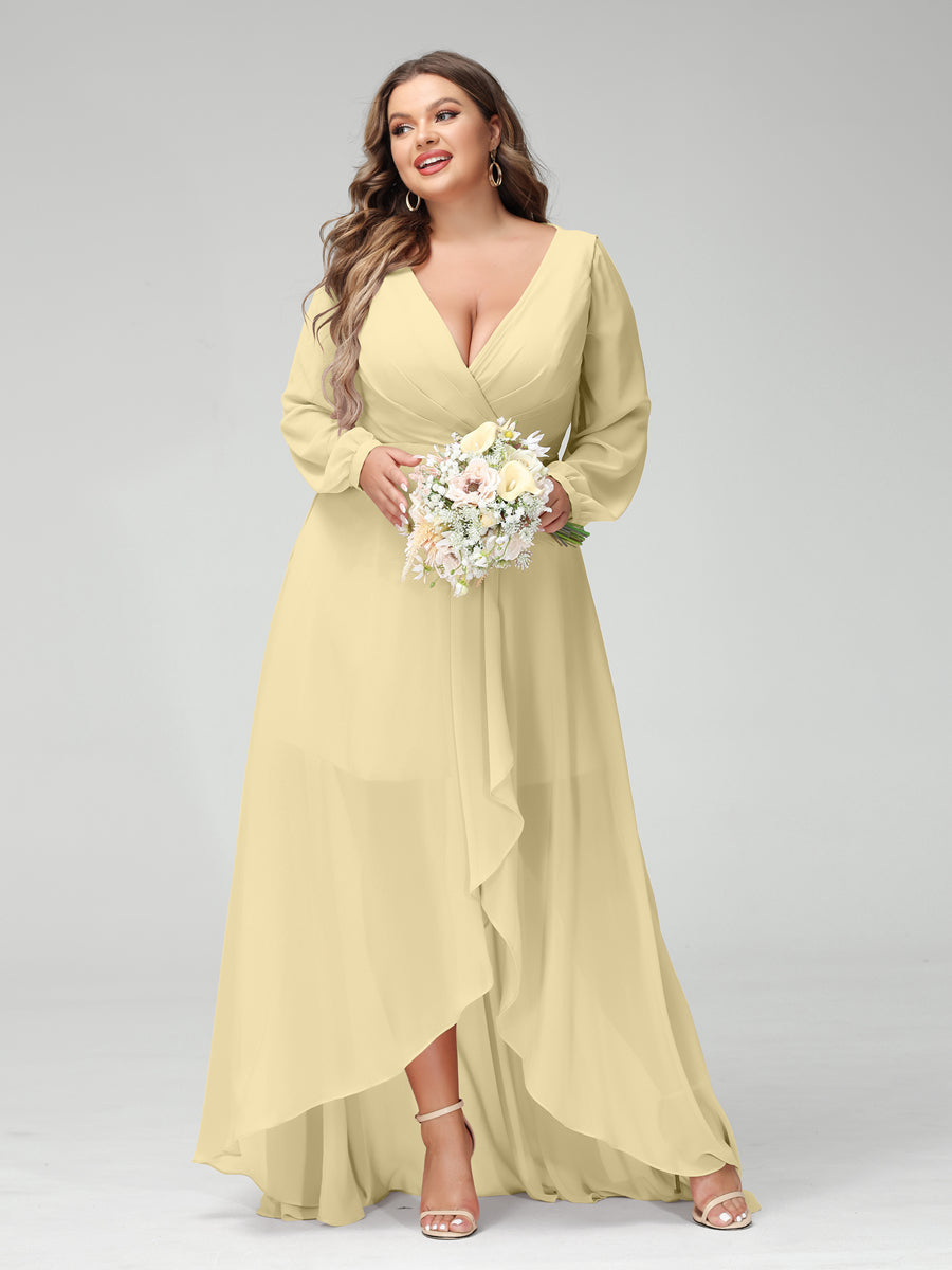 A-Line/Princess V-Neck Long Sleeves Chiffon Ruched Asymmetrical Plus Size Bridesmaid Dresses with Pockets - 画像 (67)