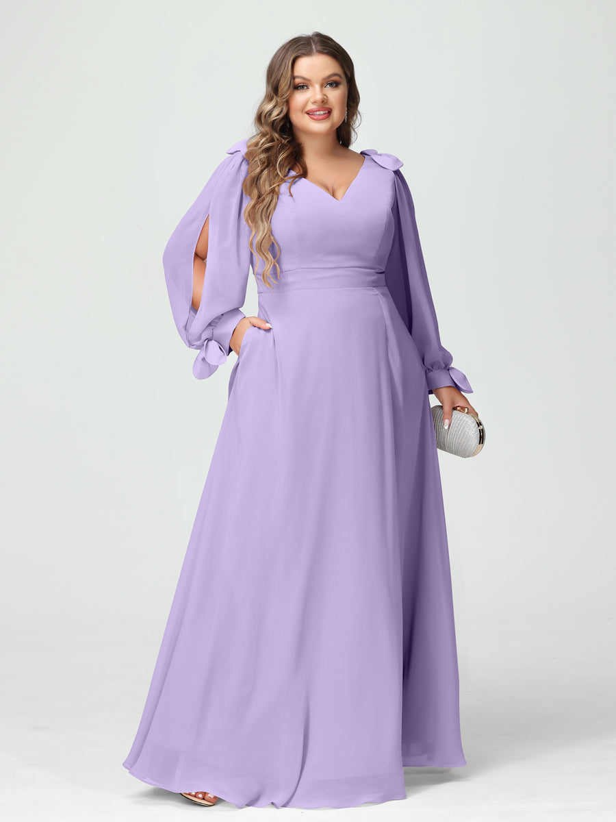 A-Line/Princess V-Neck Long Sleeves Chiffon Split Side Plus Size Bridesmaid Dresses with Pockets - 이미지 13
